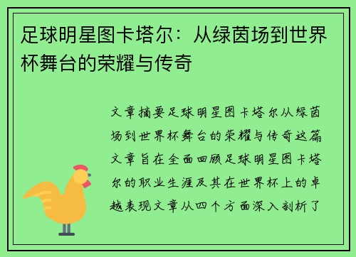足球明星图卡塔尔：从绿茵场到世界杯舞台的荣耀与传奇